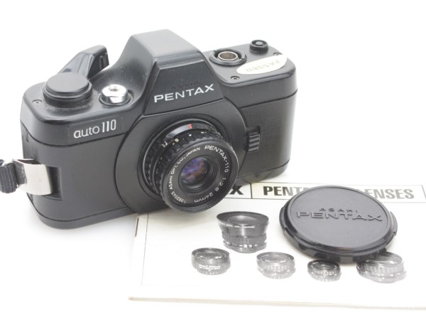 Pentax Auto 110 SLR Subminiature Camera w/ 18mm f2.8, 24mm f/2.8 and 50mm f/2.8 Lenses
