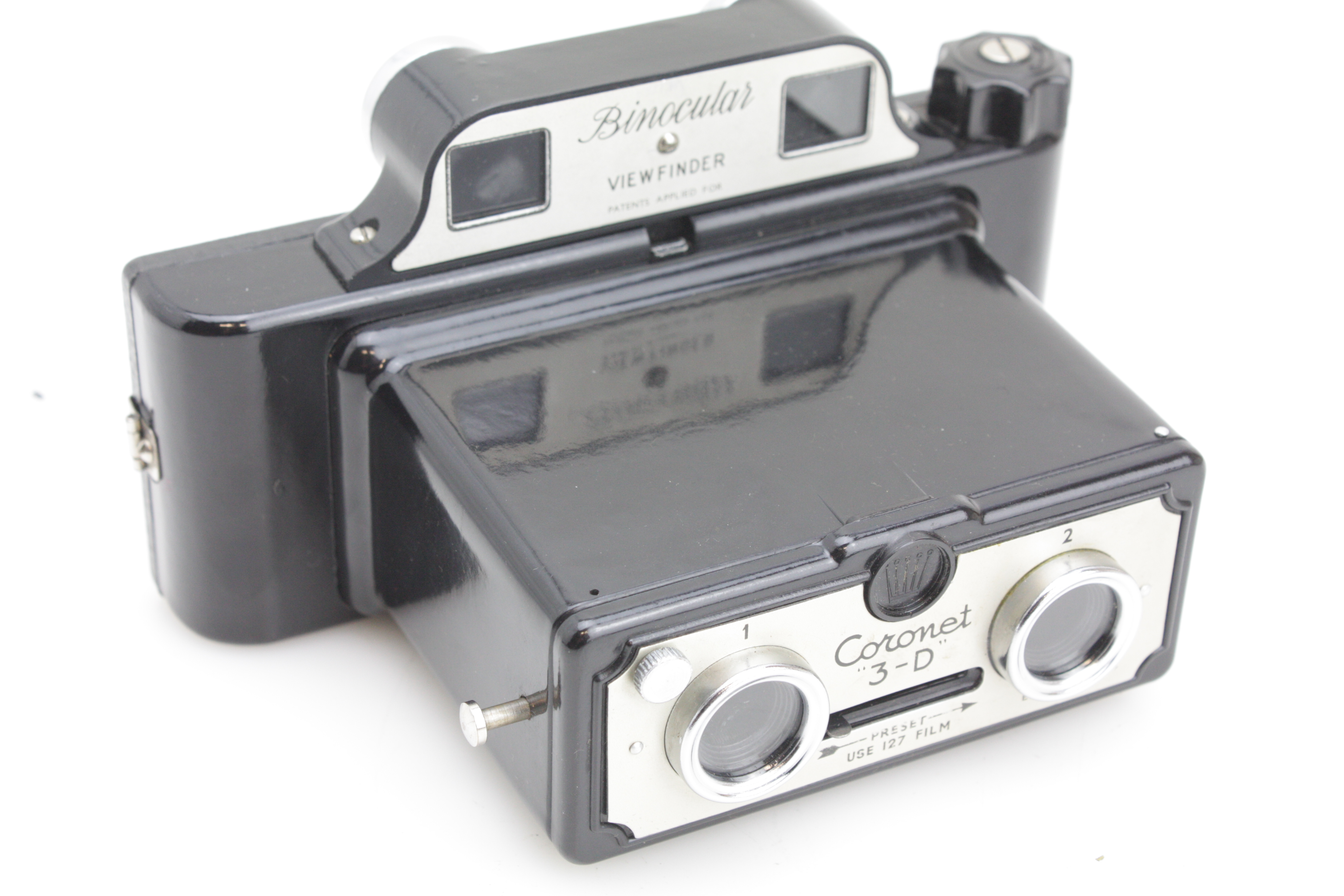 Coronet 3-D 127 film Bakelite Stereo Camera with Binocular Viewfinder & Case - Image 2