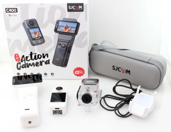 SJCAM C400, 3in1 4K Dual Screen Action Camera 6 Axis Stabiliser + accessories - White. Mint boxed, appears unused