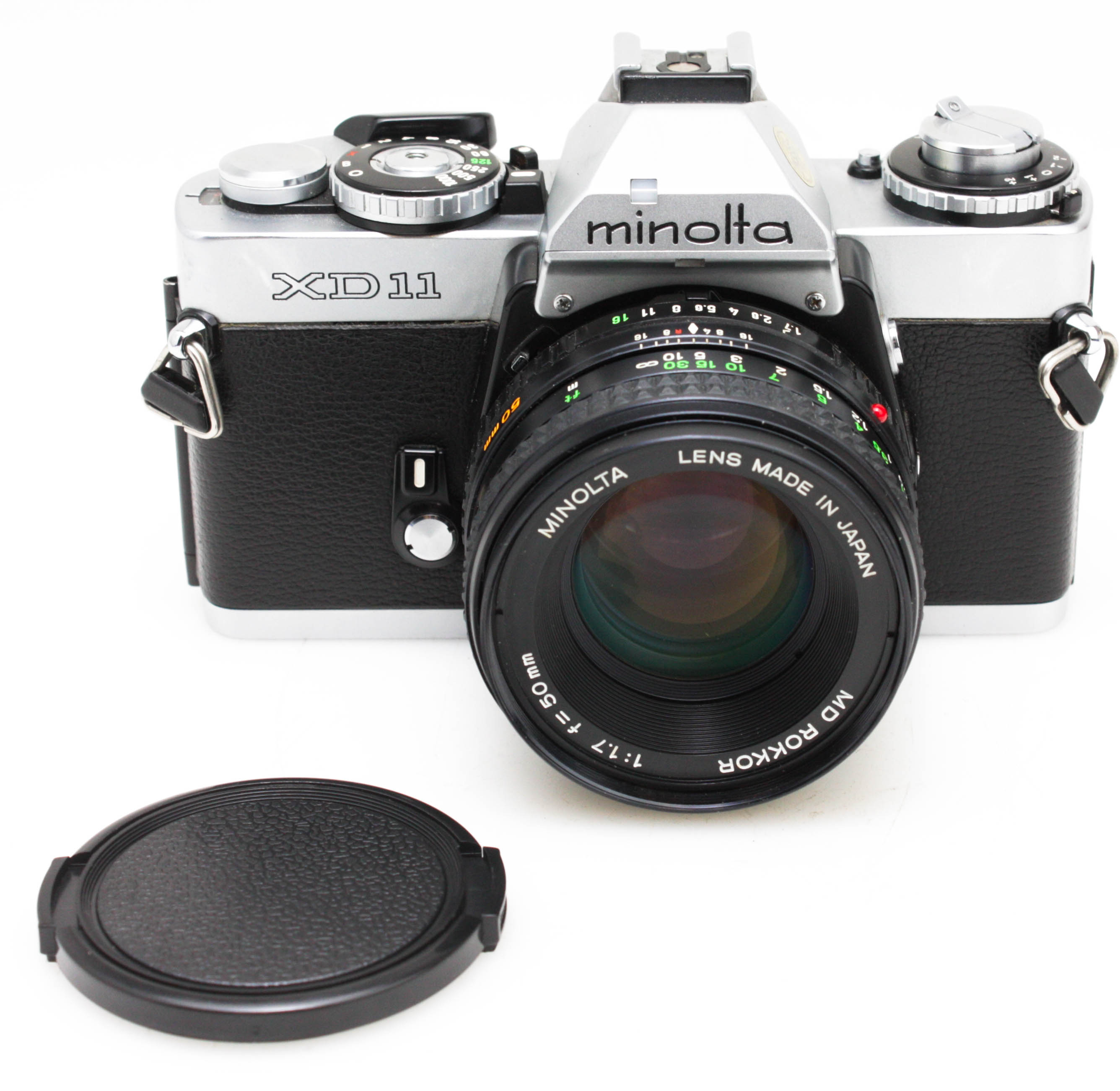Minolta XD-11 Silver 35mm SLR Film Camera, with Minolta MD Rokkor 50mm f/1.7
