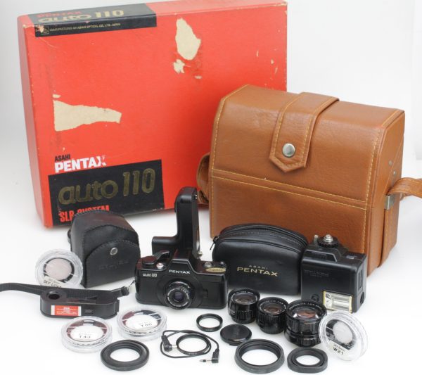 Pentax 110 SLR Subminiature Camera Kit 2x 18mm PF Pan Focus, 24mm 50mm f/2.8 Lenses Etc.