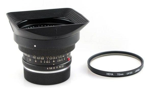 Leica Leitz Super-Angulon-R 21mm F/4 lens for Leica R cameras with hood